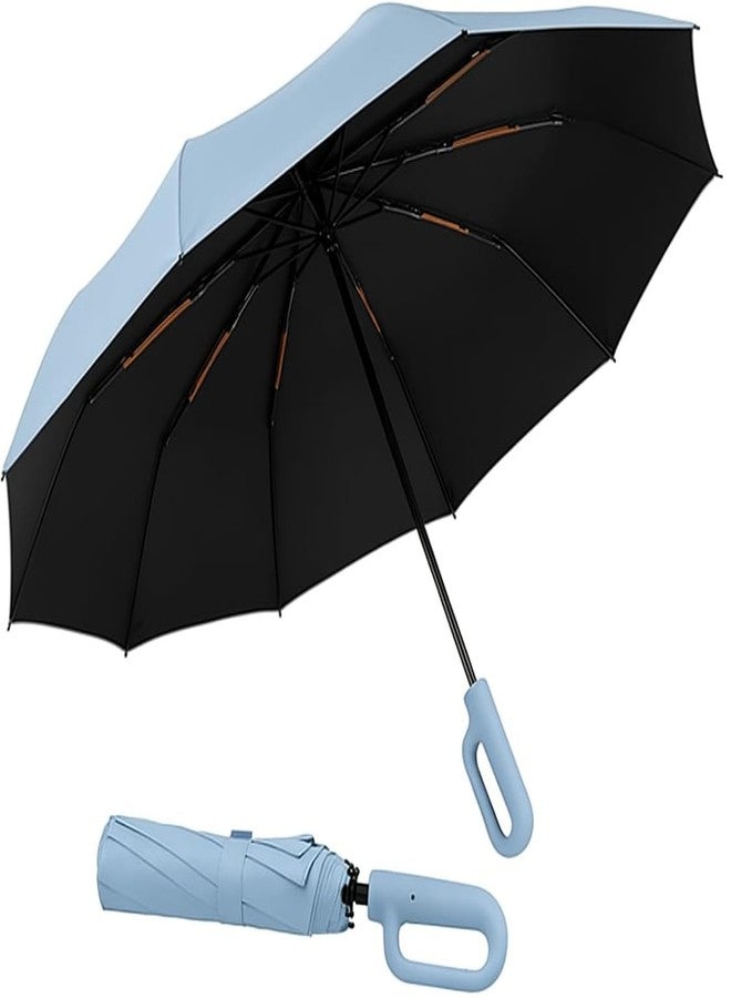 PRANIJ 3-Fold Compact Travel Golf Umbrella with Carabiner Handle | Auto Open-Close 10 Dual Rib Windproof Design | UV Protection Portable Umbrella for Rain/Sun for Car, Travel, Outdoor (Cloud Blue) - Image 1